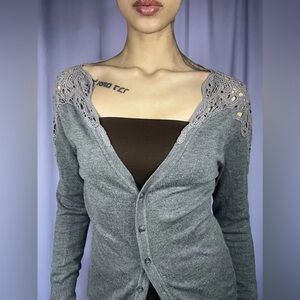 Lapis Grey Open Front Crochet Long Sleeve Cardigan Sweater Womens Size L Fairy